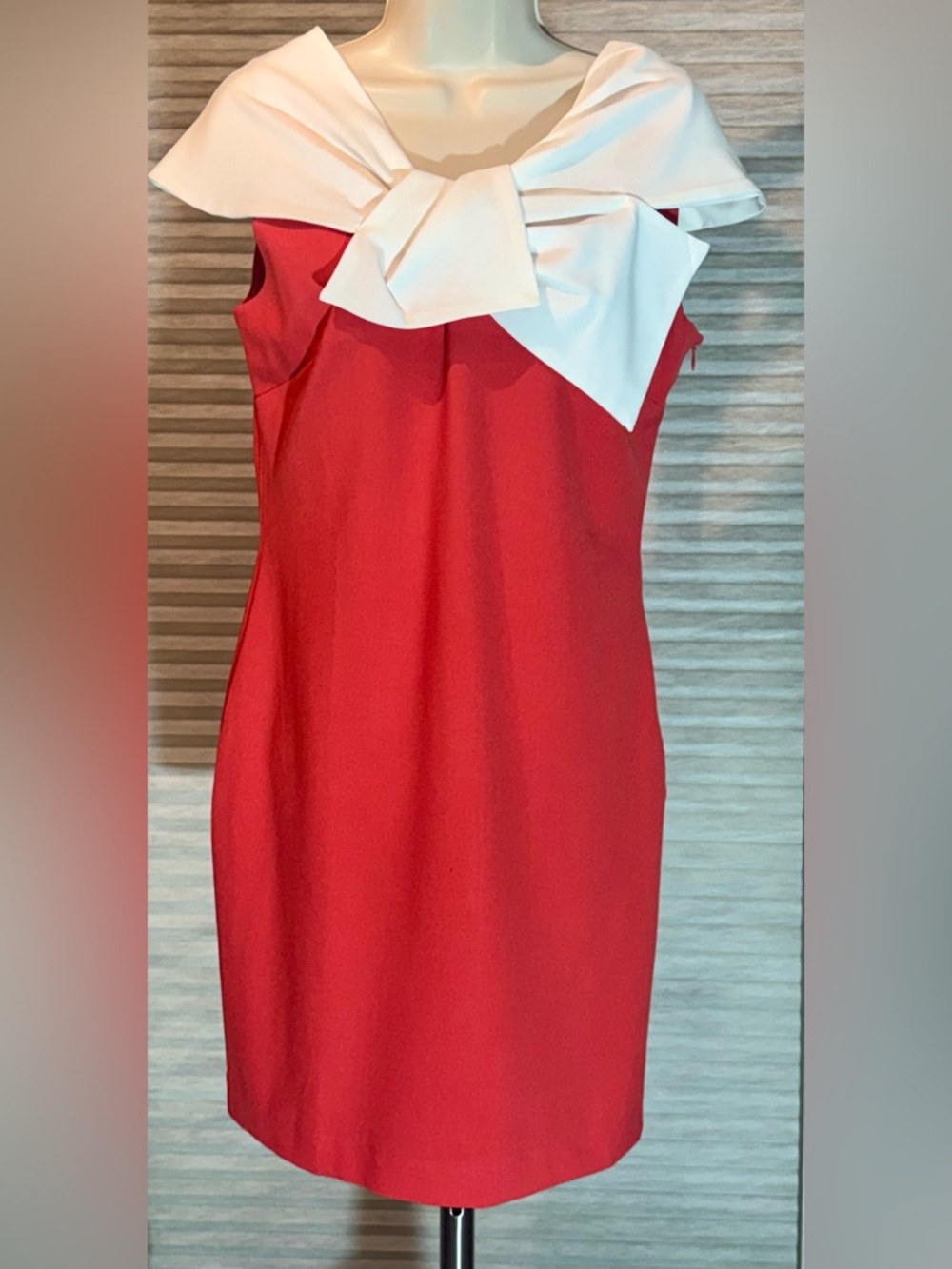 VENUS Orange Shoulder Sheath Dress with White Bow Collar